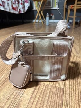 Steve Madden Neutral Beige Canvas Crossbody with Logo Strap and Detachable Pouch